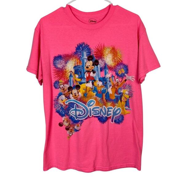 Disney Pink T-Shirt With Mickey & Friends Fireworks Graphic Print Size M - Picture 1 of 7